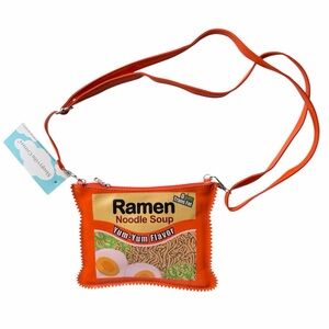 Ramen noodle soup shiny orange zip closure novelty bag adjustable strap NWT NEW